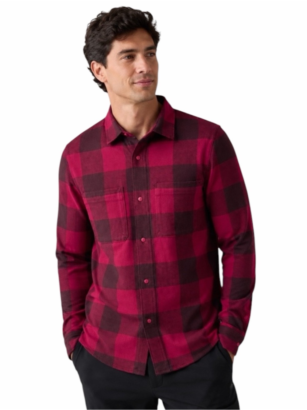 Lululemon Men's Soft Knit Overshirt M Pomegranate Red Plaid Stretch Snap Pockets